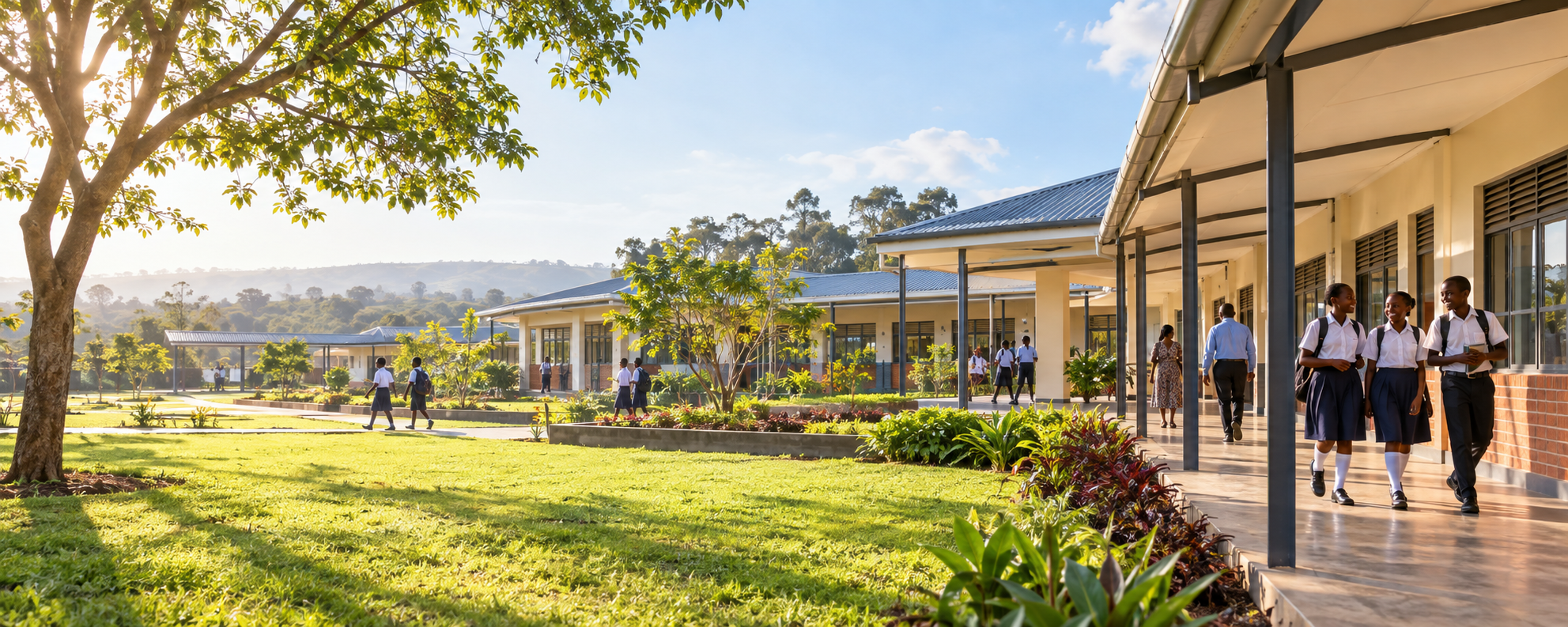Illustrative school campus scene with students walking between classrooms